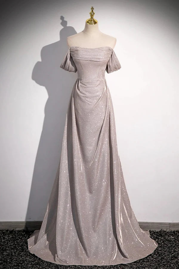 Wholesale Grey Sequins Ruffle Long Party Dress Off the Shoulder Short Sleeve Sweep Train Evening Dress